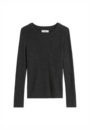 Donkergrijze ribgebreide langemouwen shirt met een ronde hals. De stof heeft een gestructureerd patroon. Het label leest 'Marc O'Polo DENIM.'