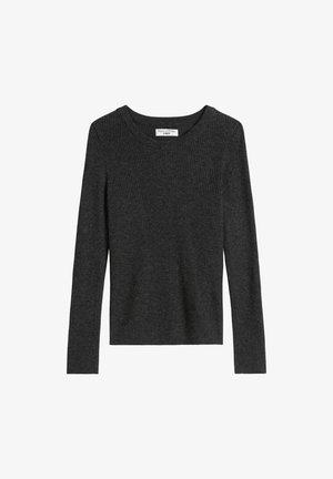 Donkergrijze ribgebreide langemouwen shirt met een ronde hals. De stof heeft een gestructureerd patroon. Het label leest 'Marc O'Polo DENIM.'