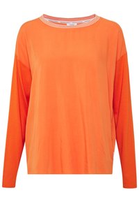Leuchtend orangefarbenes Langarmshirt mit rundem Ausschnitt und weiß-orange gestreiftem Kragen.