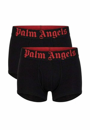 Due paia di boxer neri con ampie fasce in vita rosse con la scritta "Palm Angels" in testo rosso gotico.