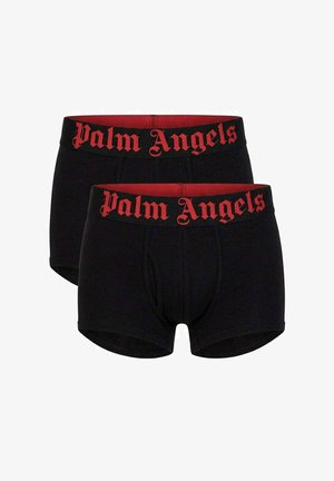 Due paia di boxer neri con ampie fasce in vita rosse con la scritta "Palm Angels" in testo rosso gotico.