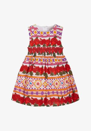 Bloemdruk jurk met rode rozen en geometrische patronen in paars, geel en roze. Gsmokt lijfje, mouwloos ontwerp.