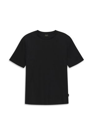Black short-sleeve crew neck T-shirt with a straight hem, displayed flat on a white background.