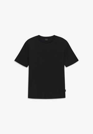 Black short-sleeve crew neck T-shirt with a straight hem, displayed flat on a white background.