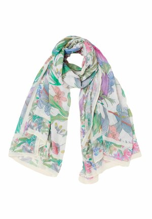 Lekki, przejrzysty szalik z kolorowym wzorem kwiatów i liści w różowych, zielonych, niebieskich i fioletowych tonach, luźno ułożony na białym tle.