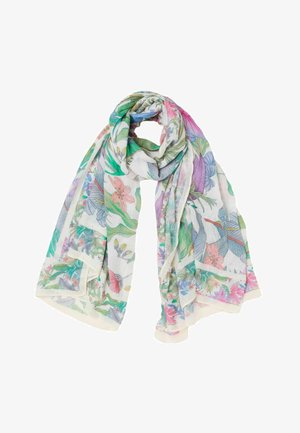 Let, gennemsigtig tørklæde med et farverigt blomstret og bladermønster i rosa, grønne, blå og lilla nuancer, løst lagt på en hvid baggrund.