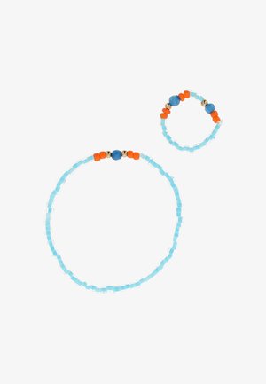 Two beaded jewelry pieces, a larger bracelet and a smaller ring, with light blue, orange, gold, and dark blue beads arranged in patterns.