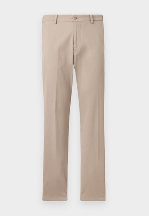 Beige gerade geschnittene Hose mit Gürtelschlaufen, Knopfverschluss vorne und Taschen, auf einem schlichten weißen Hintergrund dargestellt.