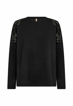 Top de manga larga negra con detalles de encaje en los hombros, cuello redondo y textura de tela suave, diseñado para un ajuste relajado.