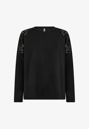 Must have pikkade varrukatega must topp, millel on romantilised pitsid õlgadel, ümmargune kaelus ja pehme kangas, loodud mugavaks istuvuseks.