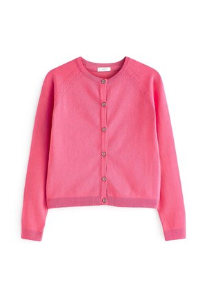 Cardigan rose à manches longues avec boutons, col rond et poignets et ourlet côtelés, posé à plat sur un fond blanc.