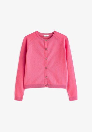 Cardigan rose à manches longues avec boutons, col rond et poignets et ourlet côtelés, posé à plat sur un fond blanc.