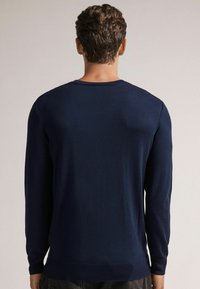 Dunkelblaues Strickpullover mit langen Ärmeln, rundem Ausschnitt und geripptem Saum. Glatte Textur mit minimalen Details, von hinten gezeigt.