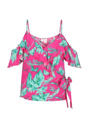 Roze bloemenblouse met een cold shoulder ontwerp, gerimpelde mouwen en een knoopsluiting aan de zijkant. Kenmerkt zich door grote groene tropische bladpatronen.