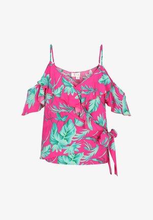 Roze bloemenblouse met een cold shoulder ontwerp, gerimpelde mouwen en een knoopsluiting aan de zijkant. Kenmerkt zich door grote groene tropische bladpatronen.