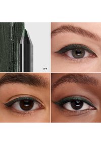 Mörkgrön eyelinerpenna märkt "Ivy" med matchande eyeliner applicerad på tre olika ögon som visar olika hudtoner och ögonformer.