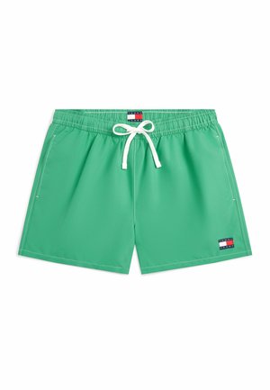 Pantalones cortos de baño verdes con cordón blanco, cintura elástica, bolsillos laterales y pequeño logo rectangular en la pierna izquierda y la cintura.