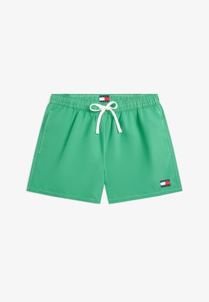 Groene zwembroek met witte trekkoorden, elastische tailleband, zijzakken en een klein rechthoekig logo op het linkerbeen en de tailleband.