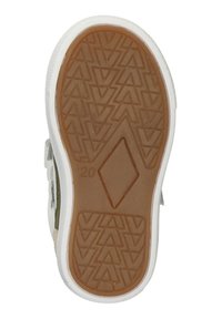 Semelle extérieure en caoutchouc marron avec un motif texturé de triangles, entourée d'une semelle intermédiaire blanche. Présente un petit détail en forme de diamant et la marque de taille "20".