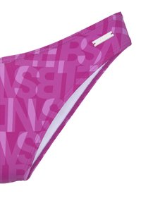 Pink bikini bottom featuring a textured pattern of overlapping letters. Edges are stitched with a contrasting white lining at the waistband.
