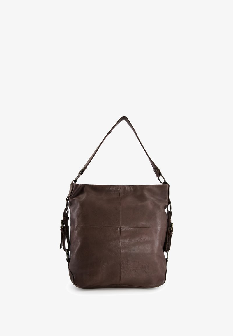 Braune Leder-Schultertasche mit weicher Textur, rechteckiger Form, verstellbarem Tragegurt und einfachem Design mit feinen Stitching-Details.