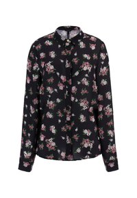 Blusa nera con maniche lunghe, motivo floreale nei toni del rosa e del verde. Presenta un colletto, chiusura con bottoni e un orlo arrotondato.