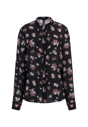 Blusa nera con maniche lunghe, motivo floreale nei toni del rosa e del verde. Presenta un colletto, chiusura con bottoni e un orlo arrotondato.
