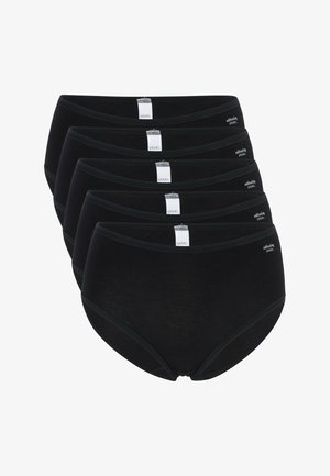 Fünf Paar schwarze Baumwoll-Damenslips übereinander gestapelt, jeweils mit einem weißen Markenschild in der Mitte des Bunds und einem Logo an der Seite.