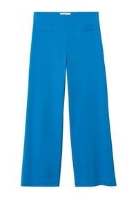 Pantalons larges bleus en tissu lisse, avec une taille haute et deux poches arrière. Le design est épuré avec une couleur unie.