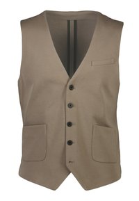 Beige Weste mit V-Ausschnitt, fünf schwarzen Knöpfen, zwei vorderen Taschen und glatter Textur. Verfügt über einen gefütterten Rücken mit zwei vertikalen Streifen.