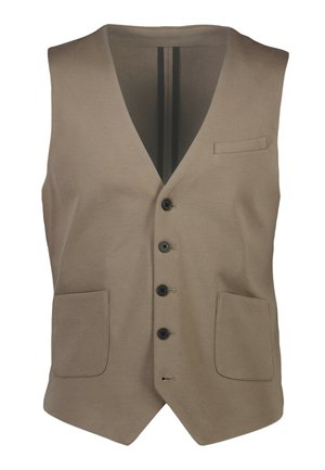 Gilet beige avec un décolleté en V, cinq boutons noirs, deux poches avant et une texture lisse. Présente un dos doublé avec deux rayures verticales.