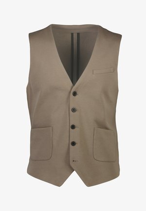 Beige vest met een V-hals, vijf zwarte knopen, twee voorzakken en een gladde textuur. Heeft een gevoerde achterkant met twee verticale strepen.