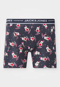 Marineblaue Boxershorts mit einem Muster aus lächelnden Avocados in Weihnachtsmützen, Schnee und Skipistenmotiven. Mit einem schwarzen Bund mit dem Logo "JACK & JONES".