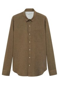 Bruine langslipshirt van gestructureerde stof. Heeft een button-down kraag, een borstzak en subtiele knoopaccenten langs de sluiting.