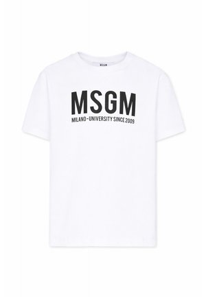 T-shirt blanc à manches courtes avec texte noir "MSGM" et texte plus petit "MILANO-UNIVERSITY SINCE 2009" centré sur le devant.
