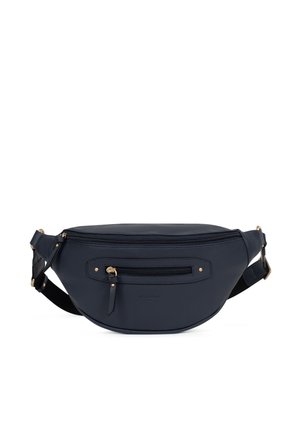 Sac banane en cuir bleu marine avec sangle noire réglable, tirettes de fermeture éclair dorées, et poche avant zippée sur fond blanc uni.
