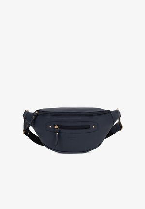 Sac banane en cuir bleu marine avec sangle noire réglable, tirettes de fermeture éclair dorées, et poche avant zippée sur fond blanc uni.