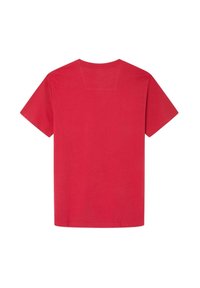 Rotes Baumwoll-T-Shirt mit kurzen Ärmeln, schlichtem Design, Rundhalsausschnitt und glatter Textur. Der Rücken hat ein dezentes Yoke-Detail.