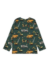 Langarmhemd aus grünem Stoff mit Mustern von Baumaschinen, darunter Kräne, Muldenkipper und Mischer in gelben und schwarzen Akzenten.