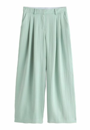 Light green wide-leg trousers with pleats, side pockets, belt loops, and a front concealed zipper closure.