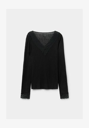 Black long-sleeve top featuring a lace-trimmed V-neckline and lace accents at the cuffs, made from a soft, lightweight fabric.