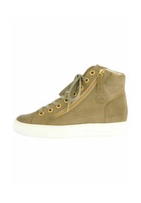 Baskets montantes en suede vert olive avec des accents dorés, dotées d'une fermeture éclair sur le côté, de lacets ronds et d'une semelle en caoutchouc blanche.