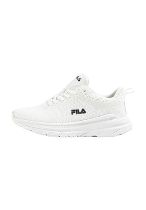 Pantofi sport albi cu partea superioară din plasă texturată și talpă de cauciuc. Prevăd șireturi și un logo negru subtil pe lateral. Design ușor.