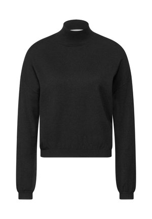Maglione a collo alto nero con maniche lunghe, design corto, texture morbida e polsini e orlo a costine. Minimalista e di colore uniforme.