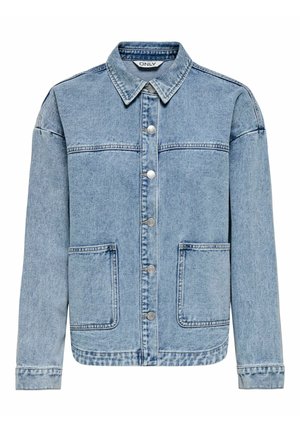 Helehall sinine teksajope ees nupuga kinnitusega, kahe esisahtliga, pikad varrukad ja terava kraega.