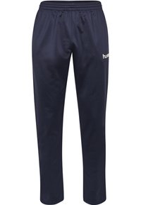 Marine sportbroek met elastische tailleband, taps toelopende benen en wit logo aan de linkerkant. Gemaakt van gladde, lichte stof.