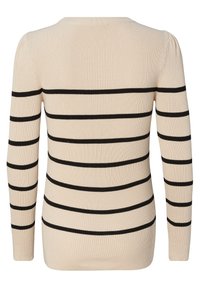 Cremefarbener, gerippter Pullover mit schwarzen horizontalen Streifen, langen Ärmeln und rundem Ausschnitt; figurschmeichelndes Design mit leichtem Puff an den Schulternähten.