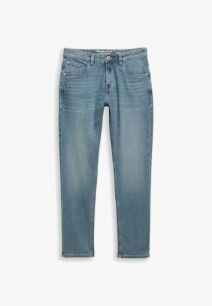 Kék farmernadrág, normál szabású, öt zsebbel, enyhe kifakulással és gombos záródással. Egyenes szárú, szabványos derékpánttal.