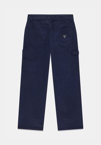 Pantaloni da lavoro dritti blu navy con tasche posteriori, tasca laterale per utensili, passanti per cintura e piccolo logo triangolare sulla tasca posteriore destra.