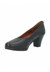 Zapato de tacón alto negro hecho de material sintético liso, con punta redonda y un tacón bloque texturizado. Por dentro tiene una plantilla en contraste de color marrón.